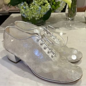 Chanel clear sequin lace up oxfords silver trim, size IT 38/US 7.5